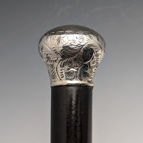 1913 British Vintage Men's Walking Stick, Sterling Silver, Round Handle, 91cm, Black Shaft